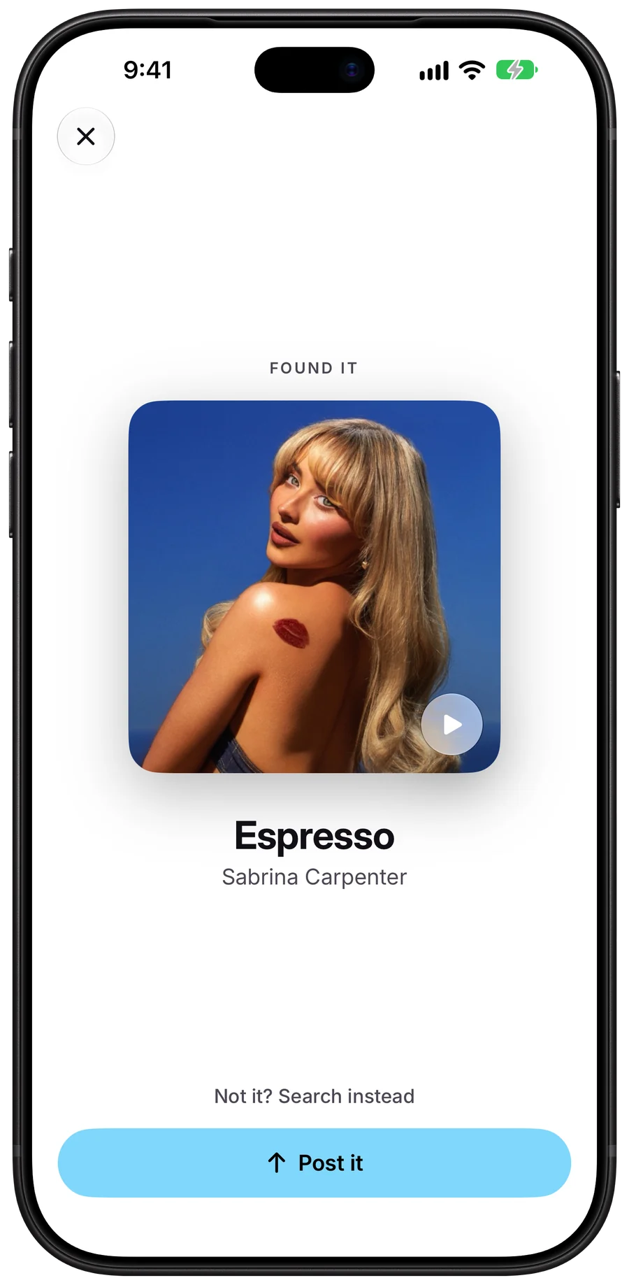 Name that song: SleptOn heard Espresso by Sabrina Carpenter playing nearby: the cover with a preview, and a button to post it.