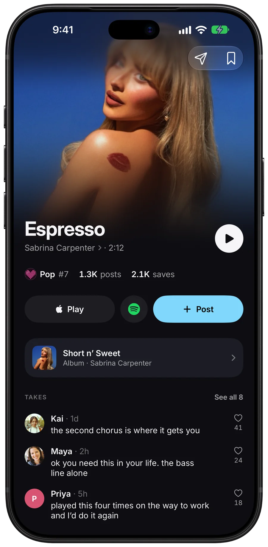 The song page for Espresso, with its Pop chart position, post and save counts, and takes from the people who posted it.