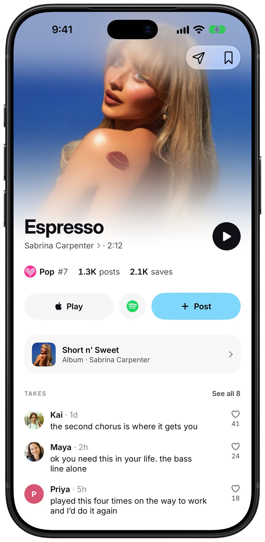The song page for Espresso, with its Pop chart position, post and save counts, and takes from the people who posted it.