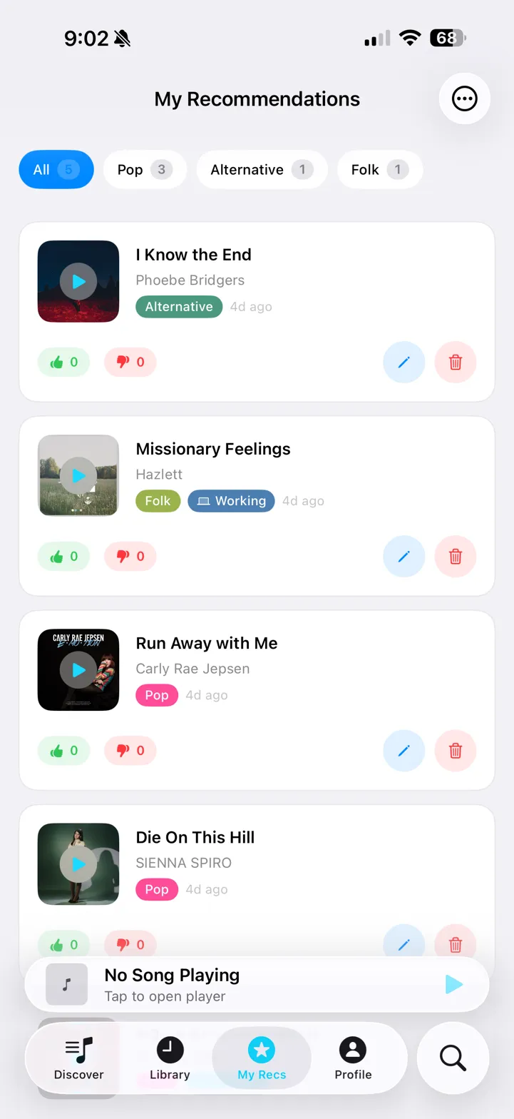 SleptOn My Recommendations screen