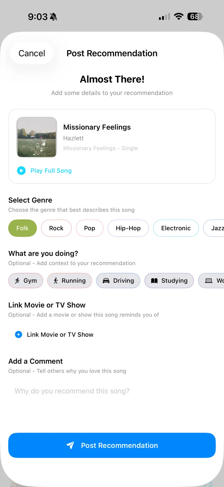 SleptOn Post Recommendation screen